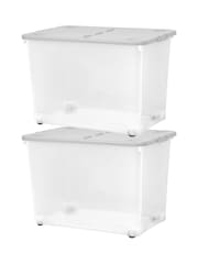 Wham Set of 2 Clear 80Ltr Plastic Storage Boxes With Wheels & Folding Lid - Image 3 of 4