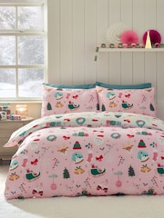 Catherine Lansfield Pink Christmas Happy Holidays So Soft Duvet Cover and Pillowcase Set - Image 1 of 5