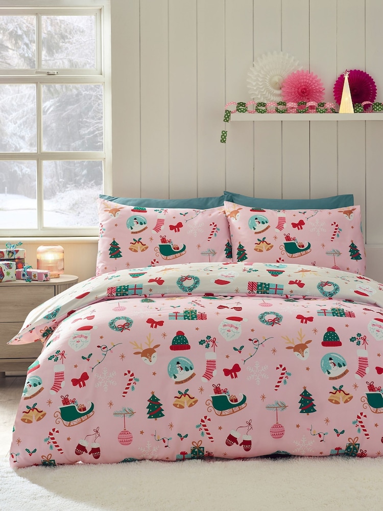 Catherine Lansfield Pink Christmas Happy Holidays So Soft Duvet Cover and Pillowcase Set - Image 1 of 5 Catherine Lansfield Pink Christmas Happy Holidays So Soft Duvet Cover and Pillowcase Set - Image 1 of 5