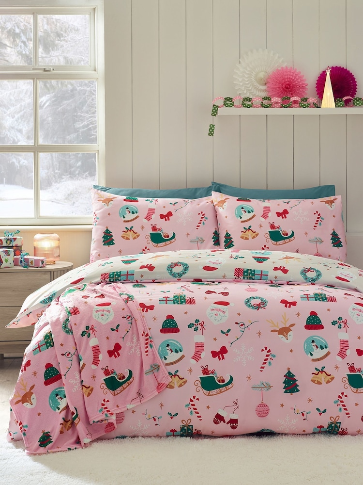 Catherine Lansfield Pink Christmas Happy Holidays So Soft Duvet Cover and Pillowcase Set - Image 2 of 5 Catherine Lansfield Pink Christmas Happy Holidays So Soft Duvet Cover and Pillowcase Set - Image 2 of 5