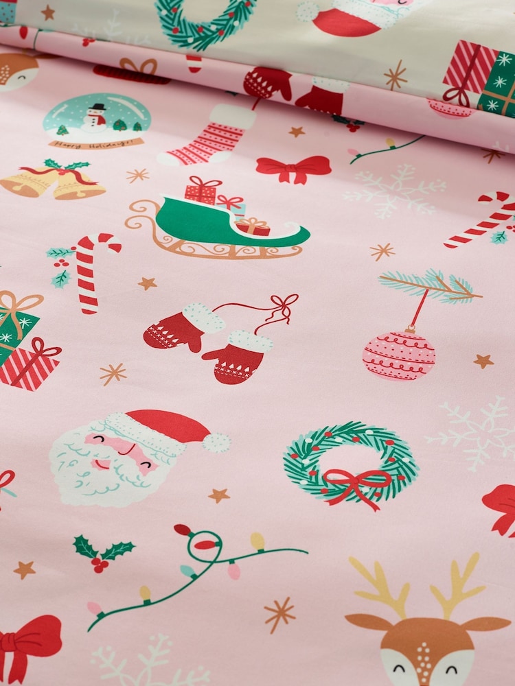 Catherine Lansfield Pink Christmas Happy Holidays So Soft Duvet Cover and Pillowcase Set - Image 5 of 5 Catherine Lansfield Pink Christmas Happy Holidays So Soft Duvet Cover and Pillowcase Set - Image 5 of 5