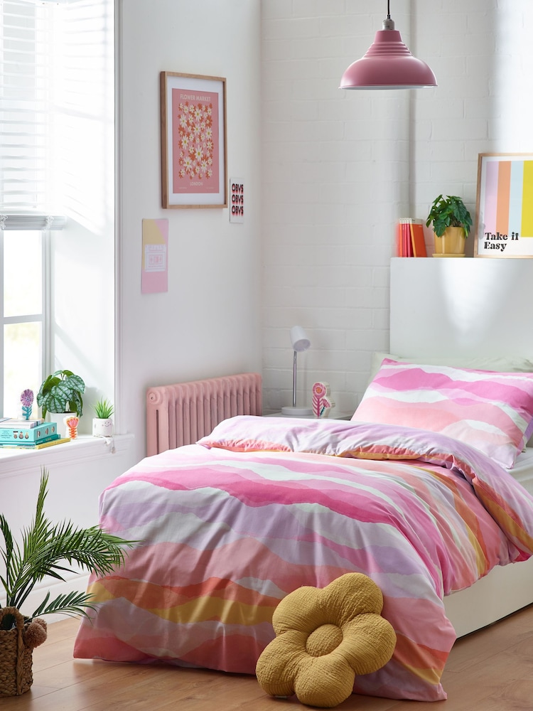Multi Ombre Wave Printed Polycotton Duvet Cover and Pillowcase Bedding - Image 2 of 5