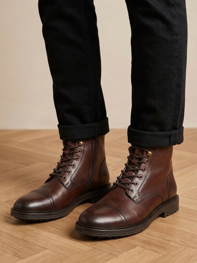 Jones Bootmaker Dark Brown Leather Davide Leather Wide-Fit Military Boots - Image 1 of 6