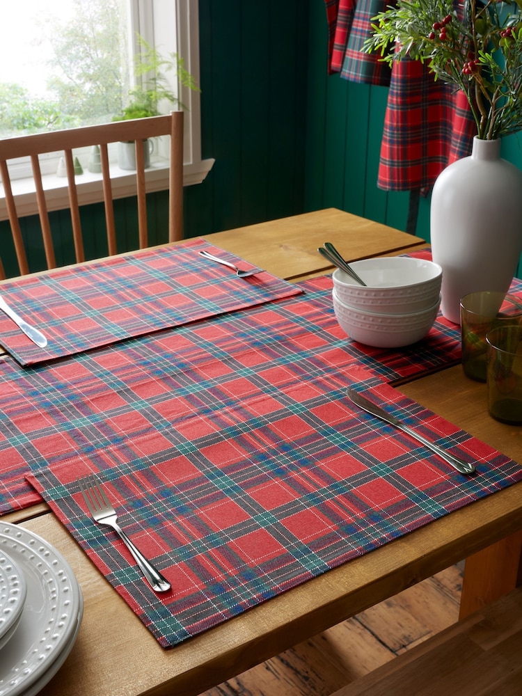 Catherine Lansfield 4 Pack Red Green Christmas Tartan Check Cotton Placemats - Image 1 of 2 Catherine Lansfield 4 Pack Red Green Christmas Tartan Check Cotton Placemats - Image 1 of 2