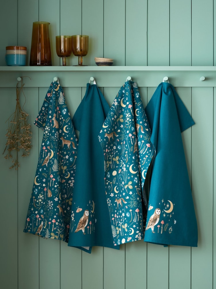 Catherine Lansfield Green Enchanted Twilight Animals Cotton Tea Towel - Image 1 of 2