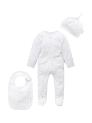 Purebaby Grey Baby 100% Cotton Hat Bib & Sleepsuit Set 3 Piece - Image 1 of 5