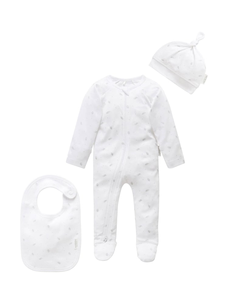 Purebaby Grey Baby 100% Cotton Hat Bib & Sleepsuit Set 3 Piece - Image 1 of 5