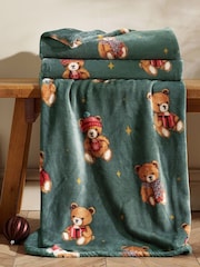 Catherine Lansfield Green Christmas Tartan Teddy Bear Fleece Blanket Throw - Image 1 of 3
