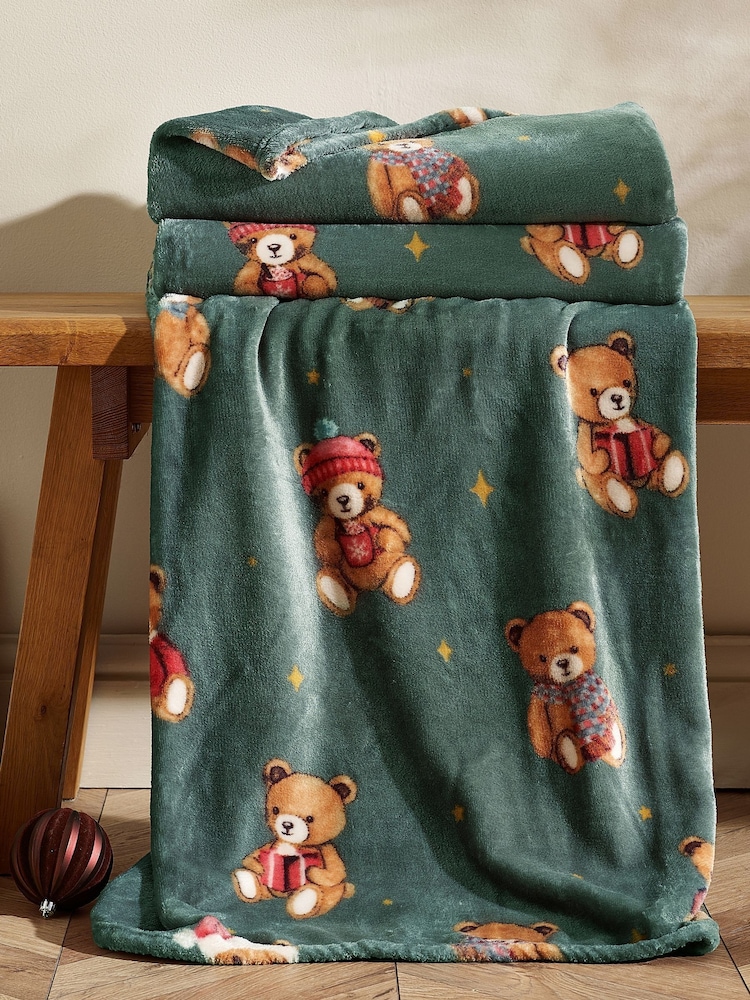 Catherine Lansfield Green Christmas Tartan Teddy Bear Fleece Blanket Throw - Image 1 of 3 Catherine Lansfield Green Christmas Tartan Teddy Bear Fleece Blanket Throw - Image 1 of 3