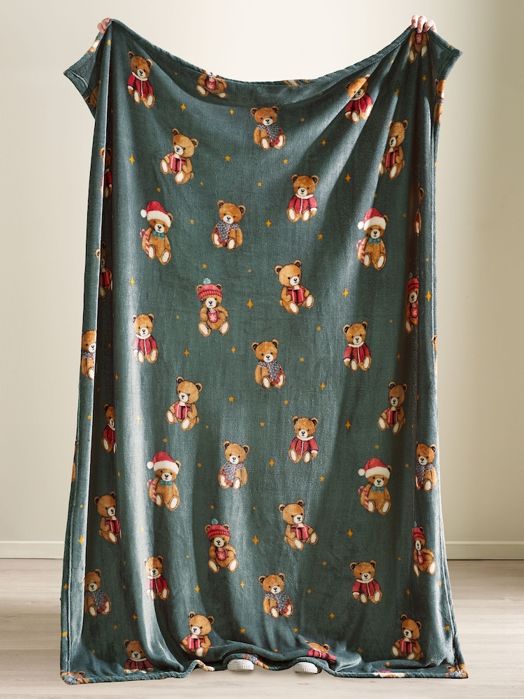 Catherine Lansfield Green Christmas Tartan Teddy Bear Fleece Blanket Throw - Image 2 of 3 Catherine Lansfield Green Christmas Tartan Teddy Bear Fleece Blanket Throw - Image 2 of 3