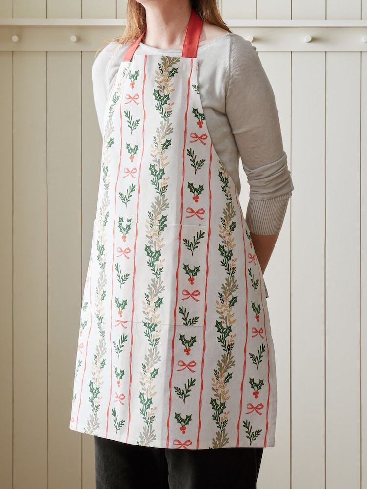 Catherine Lansfield Cream Christmas Holly Stripe Cotton Kitchen Adult Apron - Image 1 of 2 Catherine Lansfield Cream Christmas Holly Stripe Cotton Kitchen Adult Apron - Image 1 of 2