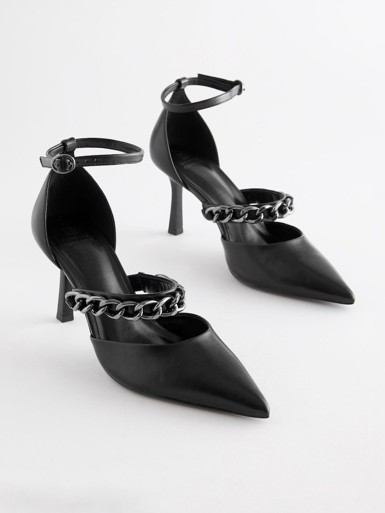 Black Forever Comfort® Point Toe Chain Trim Heel Shoes - Image 1 of 6
