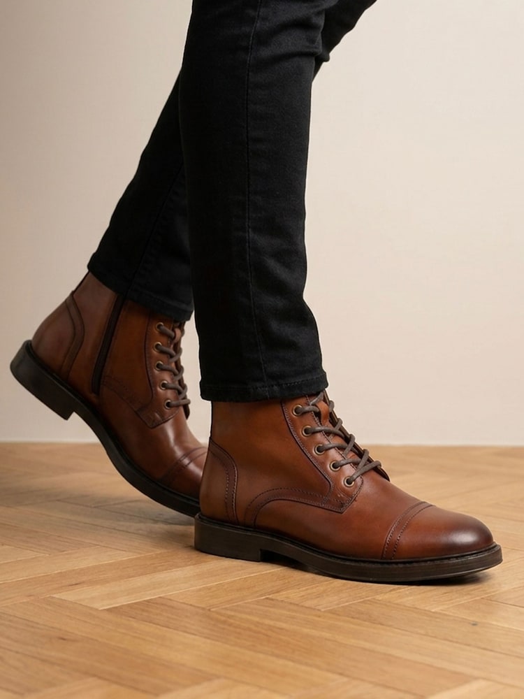 Jones Bootmaker Tan Brown  Leather Davide Leather Wide-Fit Military Boots - Image 1 of 6