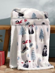 Catherine Lansfield Natural Christmas Sherpa Penguins Cosy Blanket Throw - Image 1 of 3