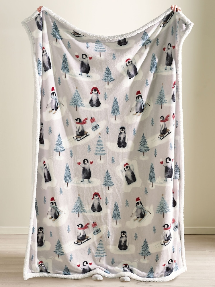 Catherine Lansfield Natural Christmas Sherpa Penguins Cosy Blanket Throw - Image 2 of 3 Catherine Lansfield Natural Christmas Sherpa Penguins Cosy Blanket Throw - Image 2 of 3