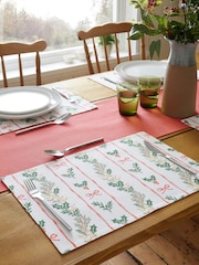 Catherine Lansfield 4 Pack Cream Christmas Holly Stripe Cotton Placemats - Image 1 of 2