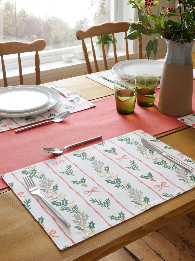 Catherine Lansfield 4 Pack Cream Christmas Holly Stripe Cotton Placemats - Image 1 of 2 Catherine Lansfield 4 Pack Cream Christmas Holly Stripe Cotton Placemats - Image 1 of 2