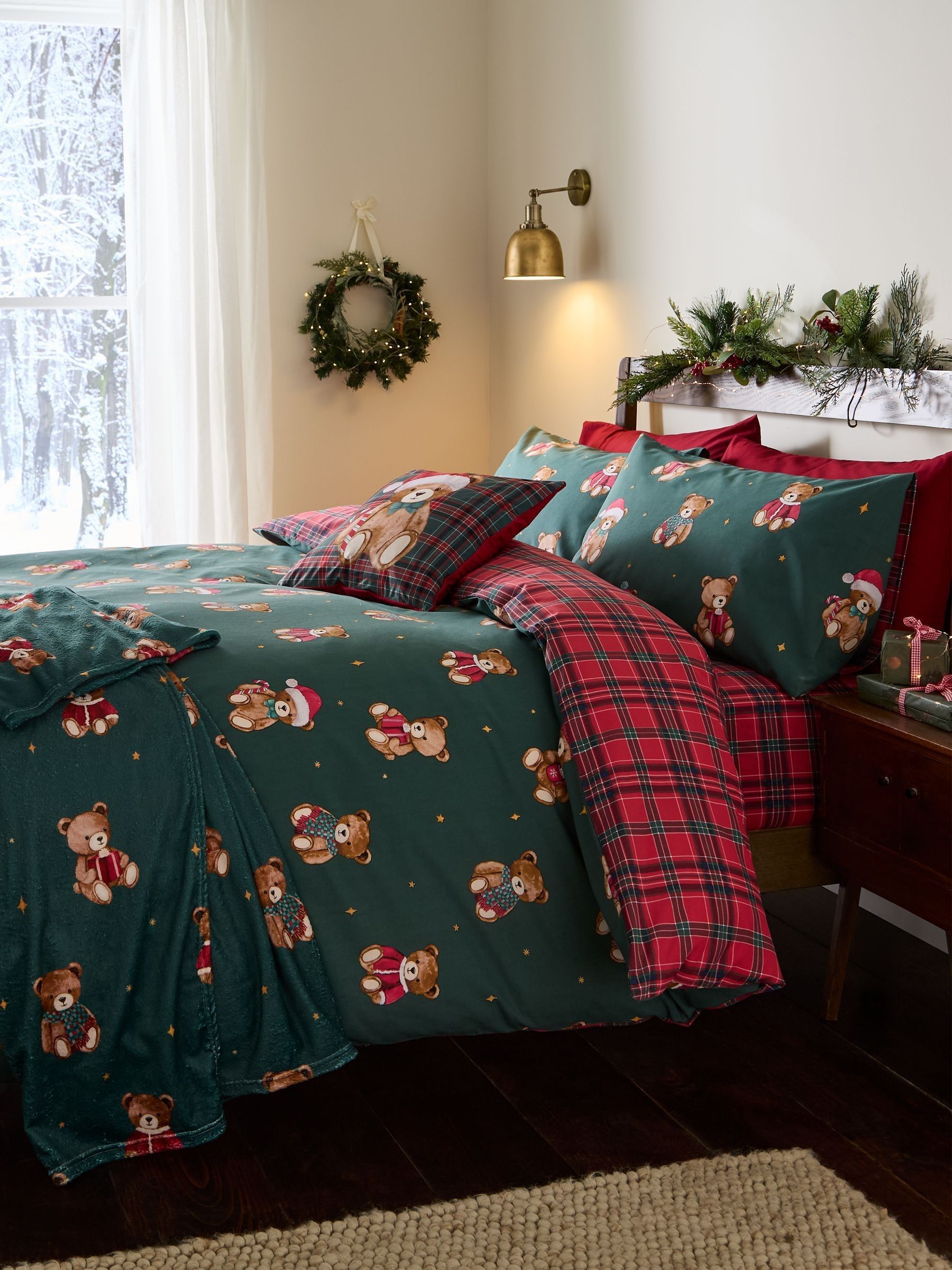 Catherine Lansfield  Christmas Tartan Teddy Bear Duvet Cover Set - Green - King - Image 7