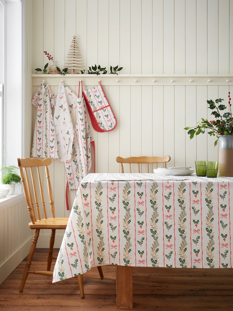 Catherine Lansfield Cream Christmas Holly Stripe Table Cloth - Image 1 of 2 Catherine Lansfield Cream Christmas Holly Stripe Table Cloth - Image 1 of 2