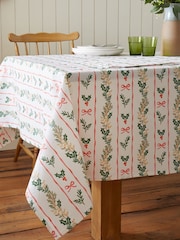 Catherine Lansfield Cream Christmas Holly Stripe Table Cloth - Image 2 of 2
