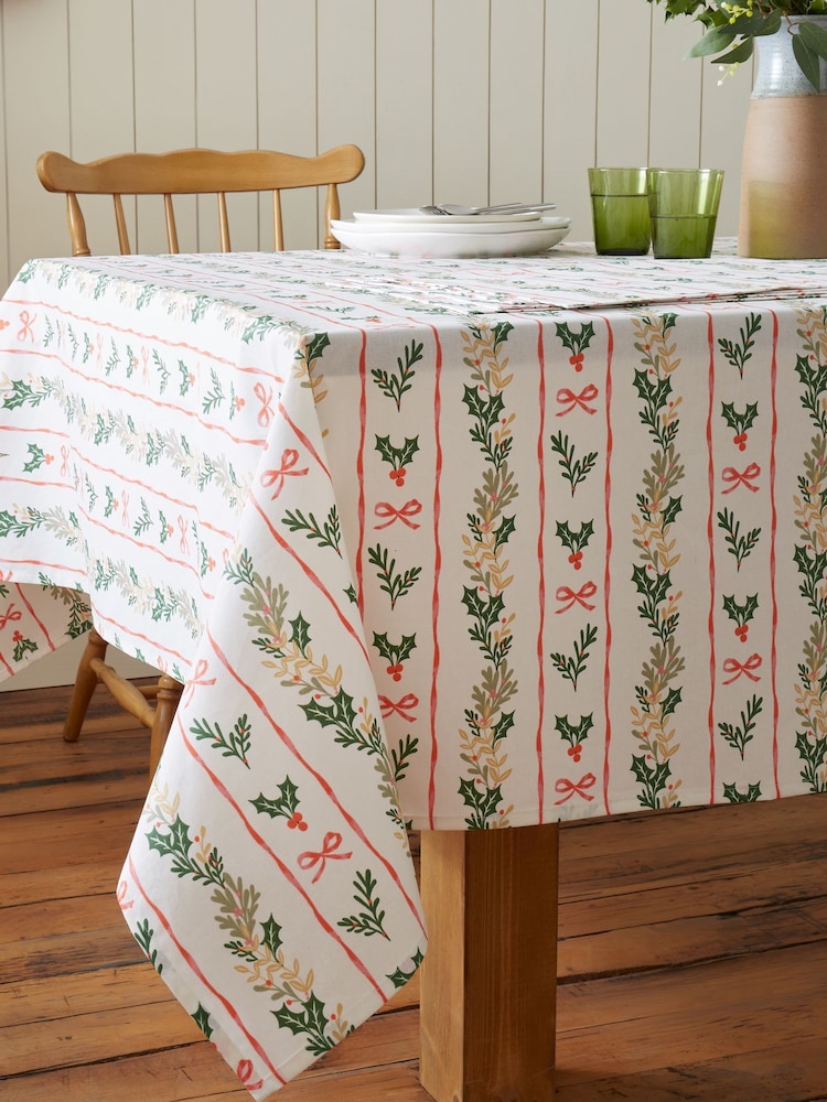 Catherine Lansfield Cream Christmas Holly Stripe Table Cloth - Image 2 of 2 Catherine Lansfield Cream Christmas Holly Stripe Table Cloth - Image 2 of 2