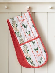 Catherine Lansfield Cream Christmas Holly Stripe Double Oven Gloves - Image 1 of 2