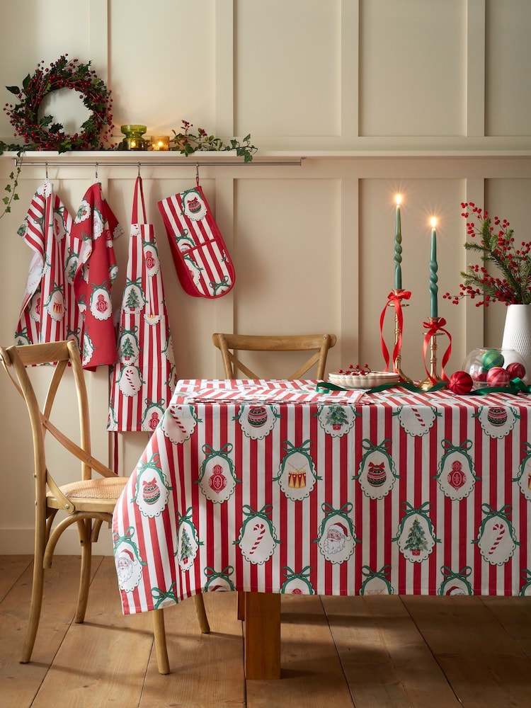 Catherine Lansfield Red Christmas Vintage Stripe Table Cloth - Image 1 of 2 Catherine Lansfield Red Christmas Vintage Stripe Table Cloth - Image 1 of 2