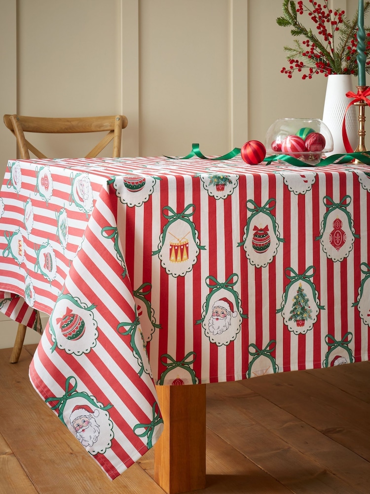 Catherine Lansfield Red Christmas Vintage Stripe Table Cloth - Image 2 of 2 Catherine Lansfield Red Christmas Vintage Stripe Table Cloth - Image 2 of 2