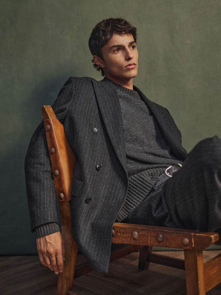 Reiss Charcoal Grey Russel Monogram Wool-Blend Chalk-Stripe Double-Breasted Blazer Relaxed-Fit - Image 1 of 9 Reiss Charcoal Grey Russel Monogram Wool-Blend Chalk-Stripe Double-Breasted Blazer Relaxed-Fit - Image 1 of 9