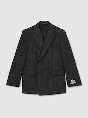 Reiss Charcoal Grey Russel Monogram Wool-Blend Chalk-Stripe Double-Breasted Blazer Relaxed-Fit - Image 2 of 9