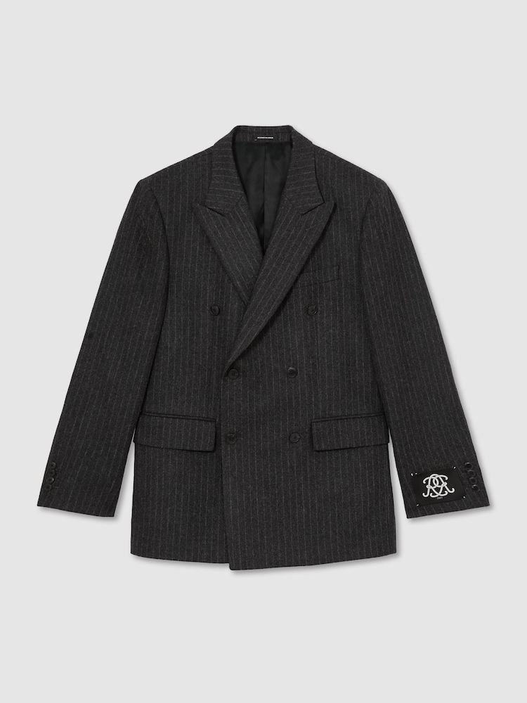 Reiss Charcoal Grey Russel Monogram Wool-Blend Chalk-Stripe Double-Breasted Blazer Relaxed-Fit - Image 2 of 9 Reiss Charcoal Grey Russel Monogram Wool-Blend Chalk-Stripe Double-Breasted Blazer Relaxed-Fit - Image 2 of 9
