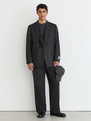 Reiss Charcoal Grey Russel Monogram Wool-Blend Chalk-Stripe Double-Breasted Blazer Relaxed-Fit - Image 3 of 9