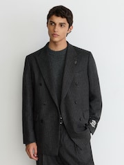 Reiss Charcoal Grey Russel Monogram Wool-Blend Chalk-Stripe Double-Breasted Blazer Relaxed-Fit - Image 4 of 9