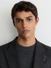 Reiss Charcoal Grey Russel Monogram Wool-Blend Chalk-Stripe Double-Breasted Blazer Relaxed-Fit - Image 6 of 9