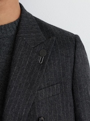 Reiss Charcoal Grey Russel Monogram Wool-Blend Chalk-Stripe Double-Breasted Blazer Relaxed-Fit - Image 7 of 9