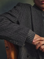 Reiss Charcoal Grey Russel Monogram Wool-Blend Chalk-Stripe Double-Breasted Blazer Relaxed-Fit - Image 9 of 9
