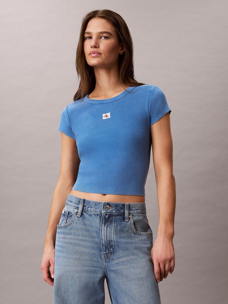 Calvin Klein Blue Slim Ribbed Washed Cotton T-Shirt - Image 1 of 1
