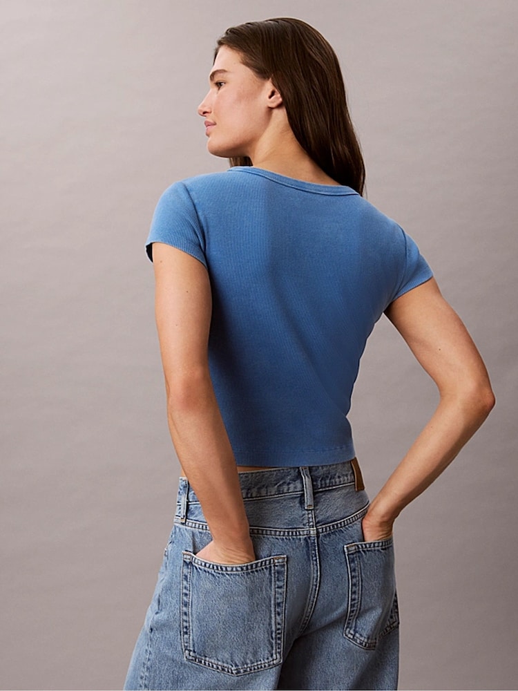 Calvin Klein Blue Slim Ribbed Washed Cotton T-Shirt - Image 2 of 5