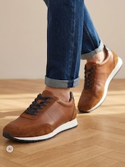Jones Bootmaker Tan Brown Leather Salvi Wide Fit Leather Trainers - Image 1 of 6