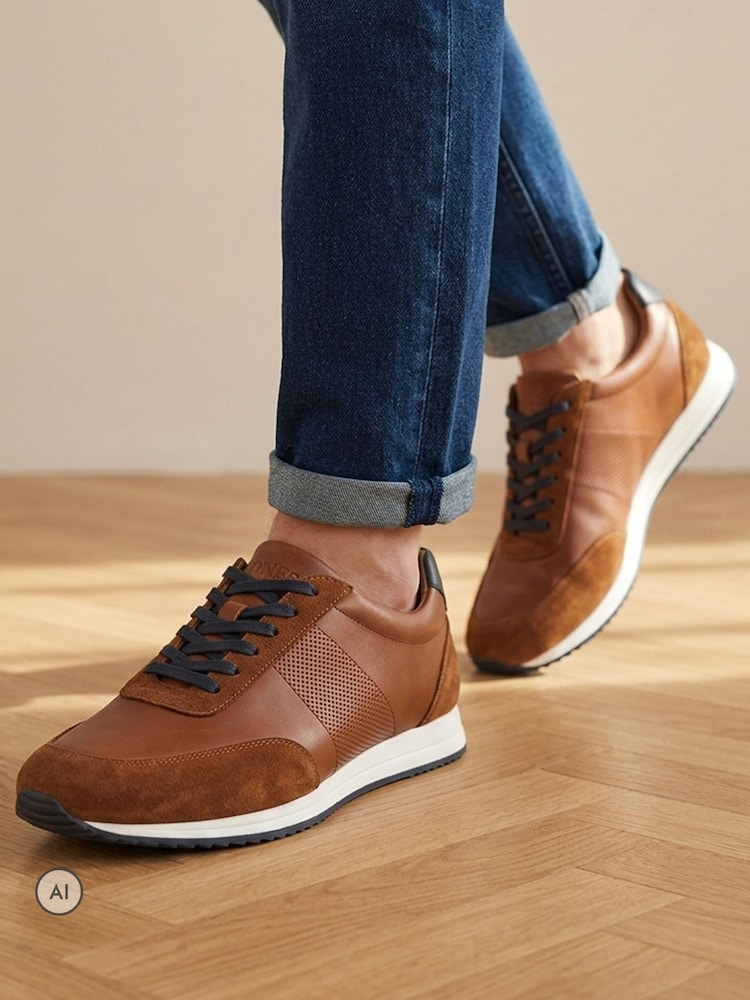 Jones Bootmaker Tan Brown Leather Salvi Wide Fit Leather Trainers - Image 1 of 6 Jones Bootmaker Tan Brown Leather Salvi Wide Fit Leather Trainers - Image 1 of 6