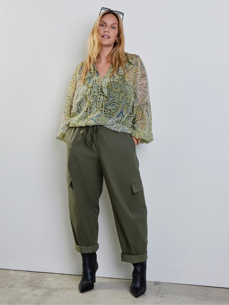 Live Unlimited Green Print Frill Long Sleeve Blouse - Image 1 of 5 Live Unlimited Green Print Frill Long Sleeve Blouse - Image 1 of 5
