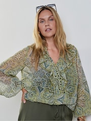 Live Unlimited Green Print Frill Long Sleeve Blouse - Image 2 of 5
