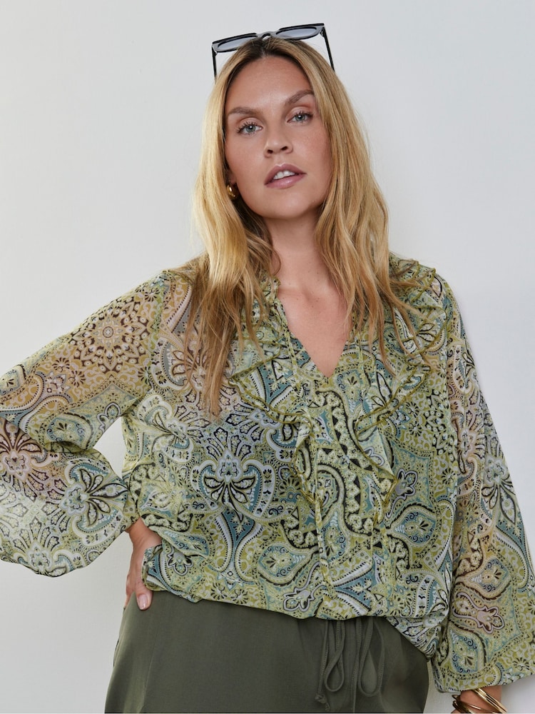 Live Unlimited Green Print Frill Long Sleeve Blouse - Image 2 of 5 Live Unlimited Green Print Frill Long Sleeve Blouse - Image 2 of 5