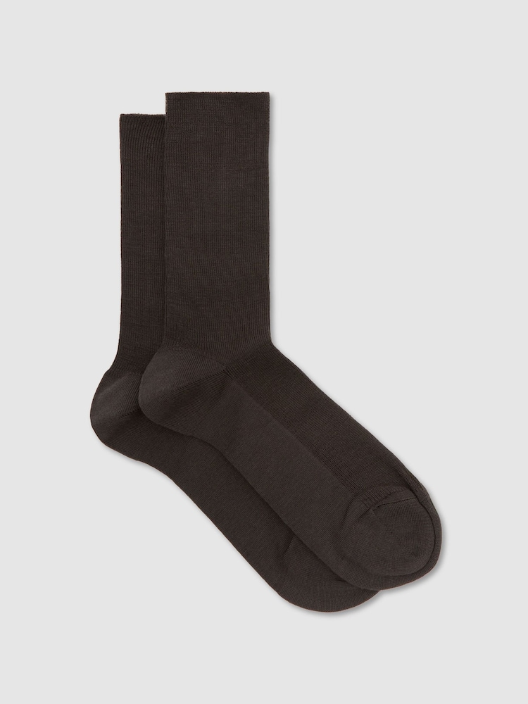Reiss Chocolate Charlie Wool-Cotton Fine-Rib Socks - Image 1 of 3 Reiss Chocolate Charlie Wool-Cotton Fine-Rib Socks - Image 1 of 3