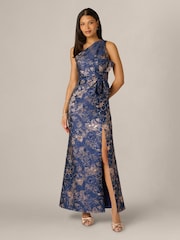 Adrianna Papell Blue Petite One Shoulder Jacquard Gown - Image 1 of 6