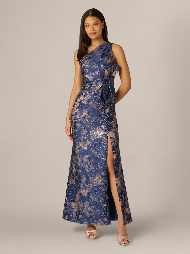 Adrianna Papell Blue Petite One Shoulder Jacquard Gown - Image 1 of 6 Adrianna Papell Blue Petite One Shoulder Jacquard Gown - Image 1 of 6