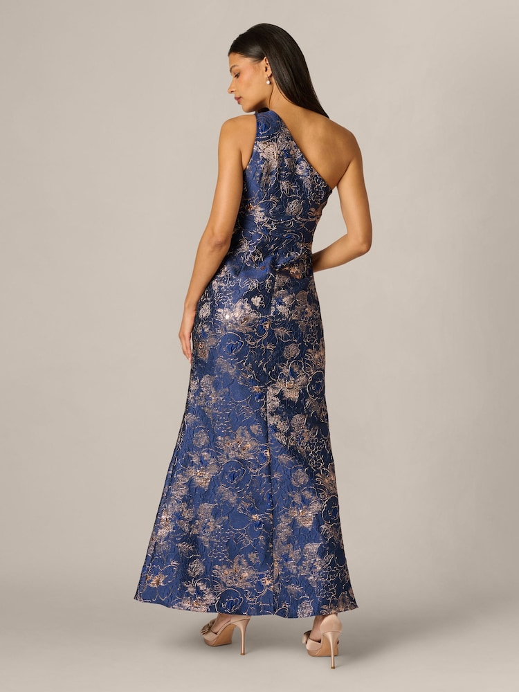 Adrianna Papell Blue Petite One Shoulder Jacquard Gown - Image 2 of 6 Adrianna Papell Blue Petite One Shoulder Jacquard Gown - Image 2 of 6