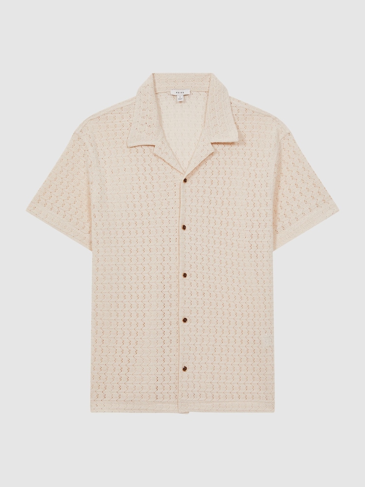 Reiss Ecru Scorpios Crochet Cuban Collar Button Through T-Shirt - Image 2 of 4