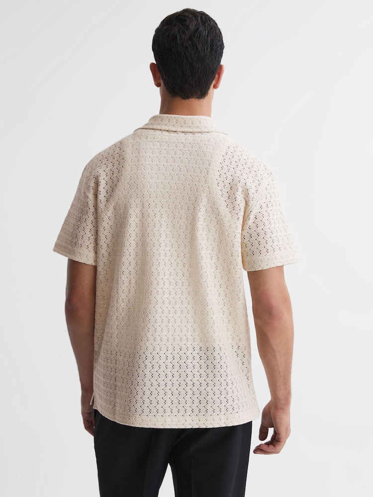 Reiss Ecru Scorpios Crochet Cuban Collar Button Through T-Shirt - Image 4 of 4