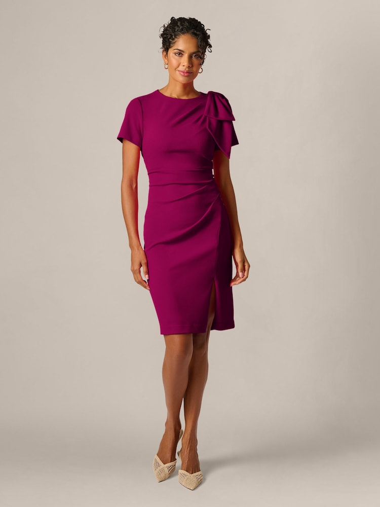 Adrianna Papell Purple Petite Pleated Bow Dress - Image 1 of 7 Adrianna Papell Purple Petite Pleated Bow Dress - Image 1 of 7